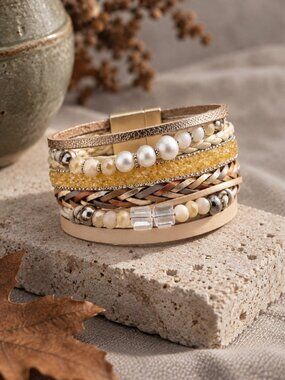 Vegan Leather Multi Strand Wrap Bracelet Cream Gold Faux Pearl Magnetic 7.5"